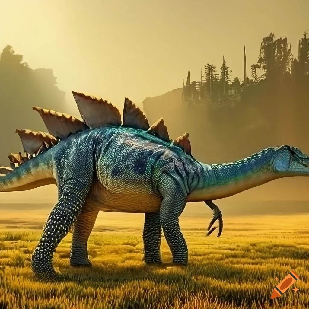 illustration of a colorful stegosaurus in warm morning light