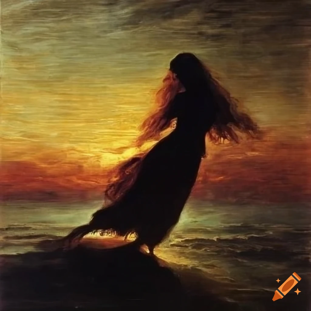 Painting of a girl dancing by the sea at sunset on Craiyon