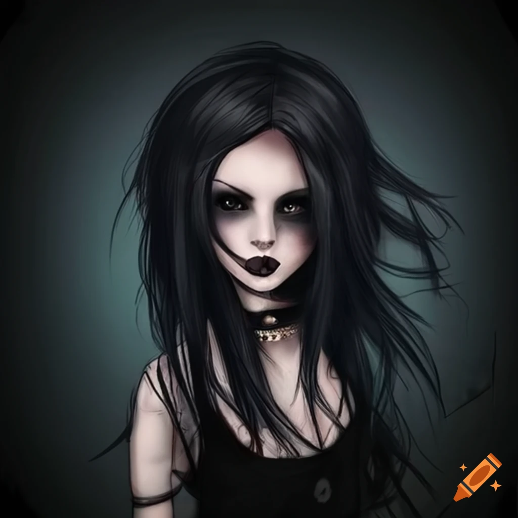 Portrait of a pale goth girl with dark eye makeup on Craiyon