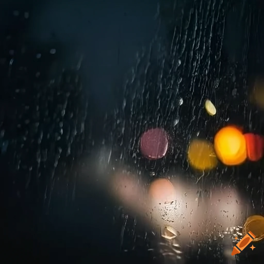 nighttime view of heavy rain on a car windshield