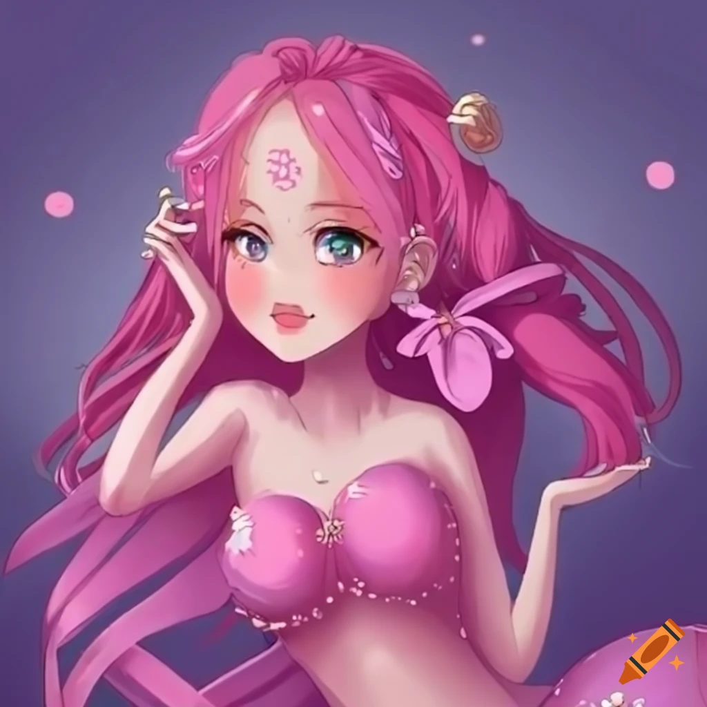 pink mermaid in magical girl anime style