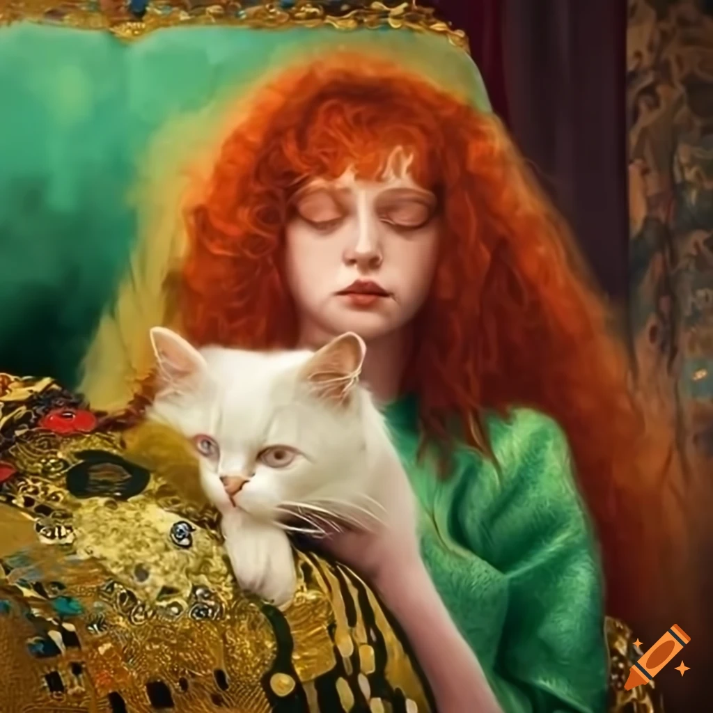 Portrait Of A Redhead Girl In Green Dress With A White Cat Inspired By Klimt Courbet And Doré 