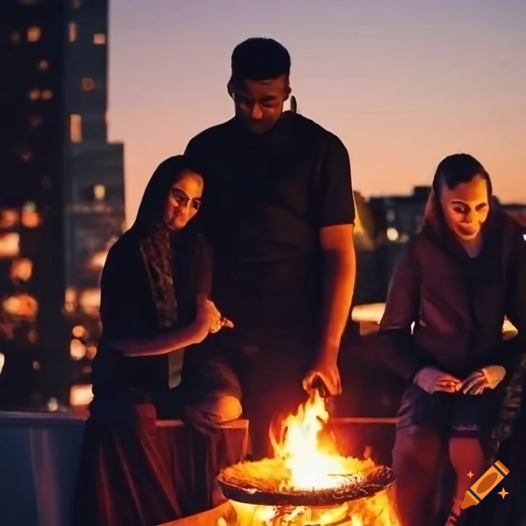 family photo on a rooftop near a fire pit
