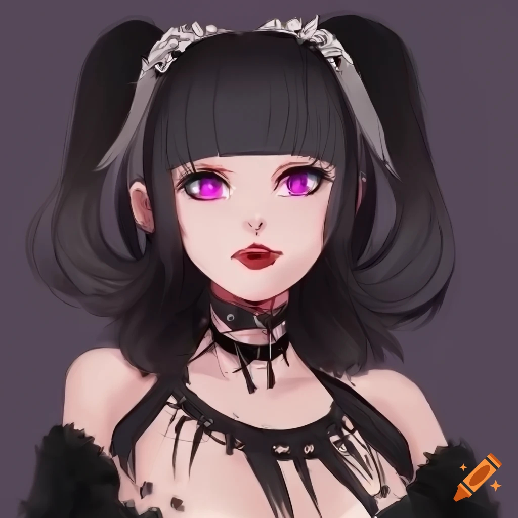 Anime gith femboy with short black hair, purple eyes, wearing a black latex  jacket, choker around neck, detailed face, outdoor cafe setting, sunny  evening on Craiyon