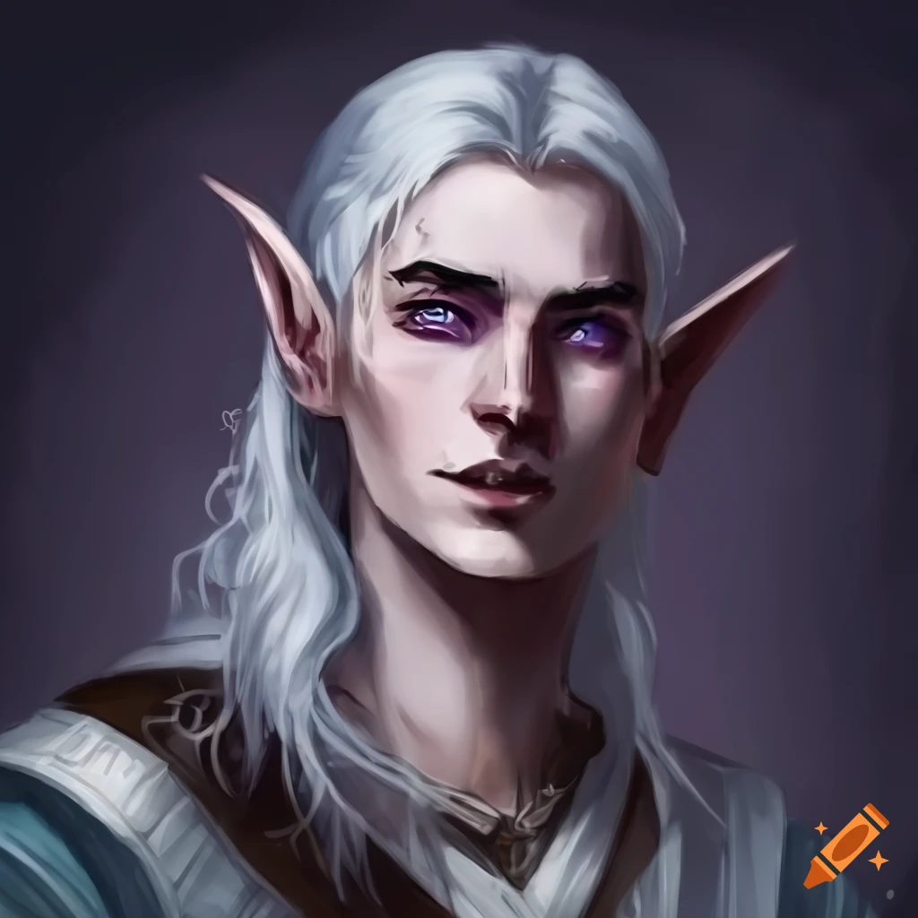 Image of a noble high elf from dnd with white skin and purple eyes