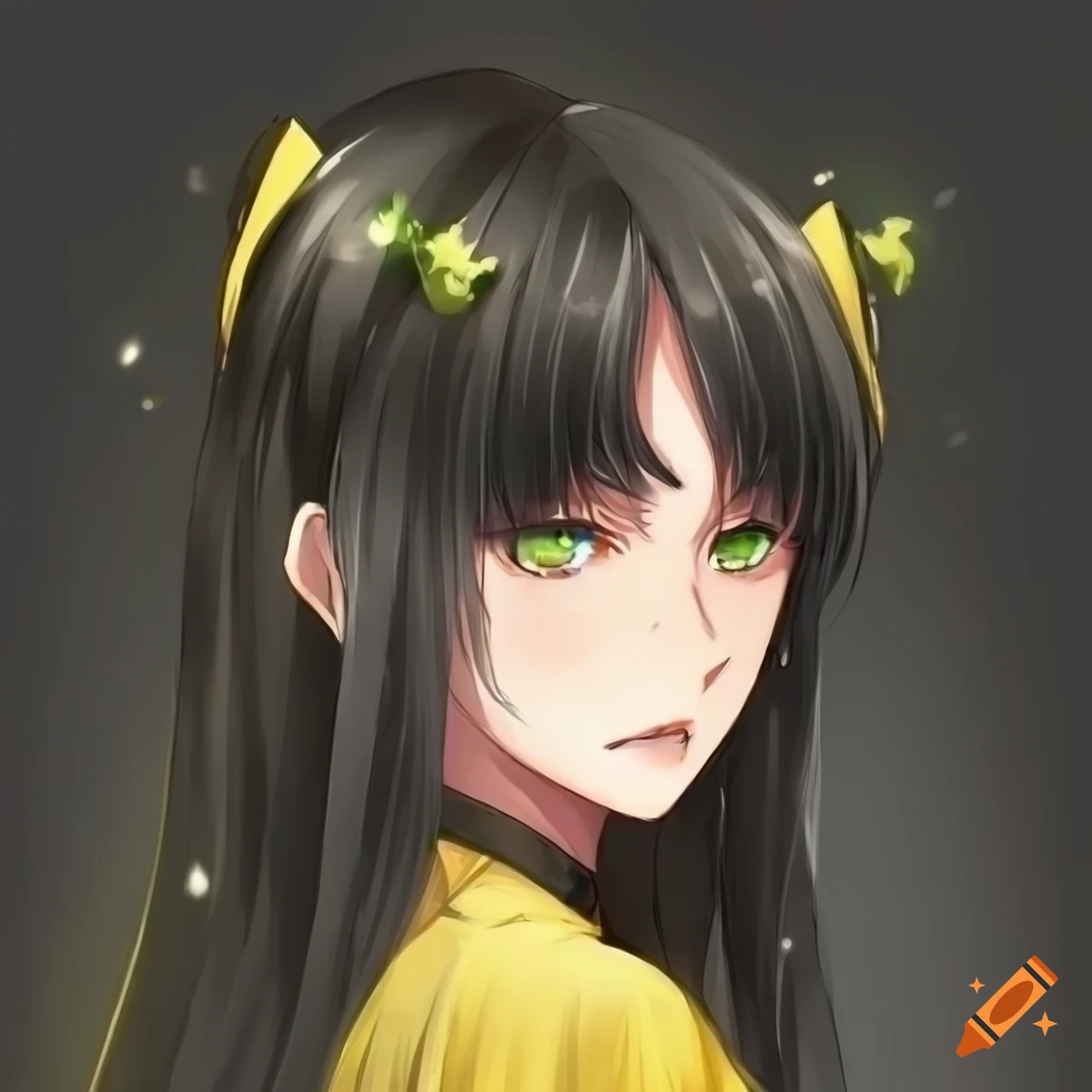 anime-style portrait of a lady in a yellow dress with black hair and green eyes
