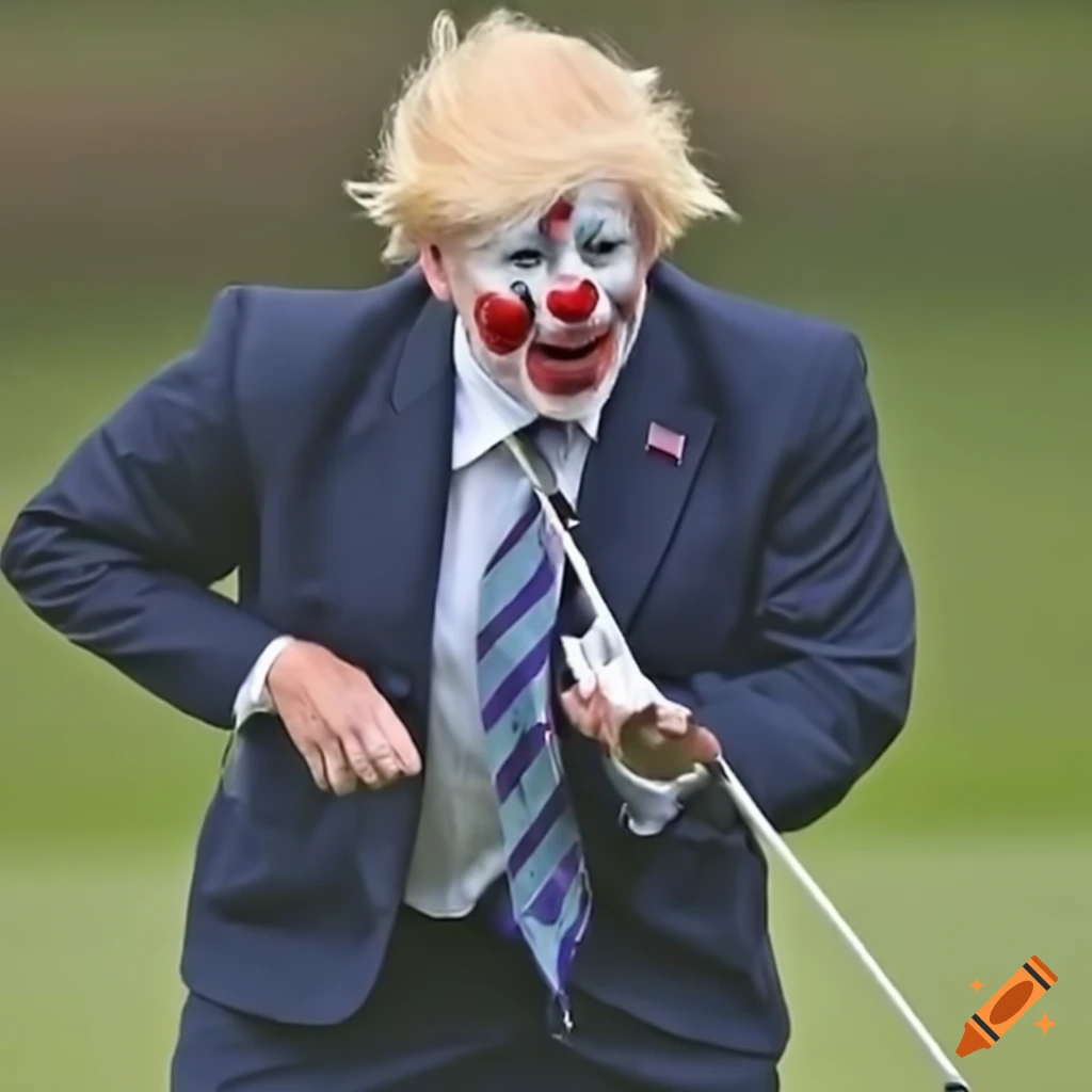 Satirical image of donald trump and boris johnson golfing with clown makeup