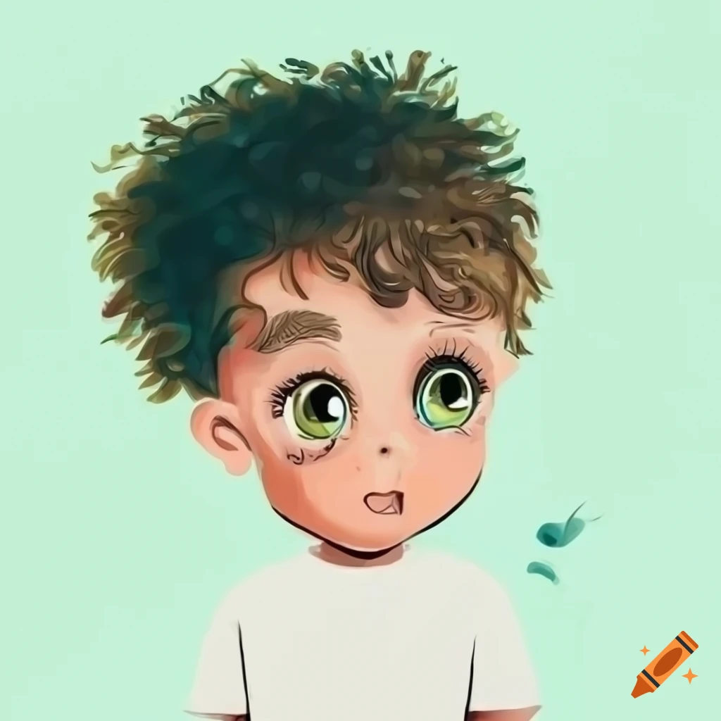 drawing of a white boy with curly blonde hair and green eyes