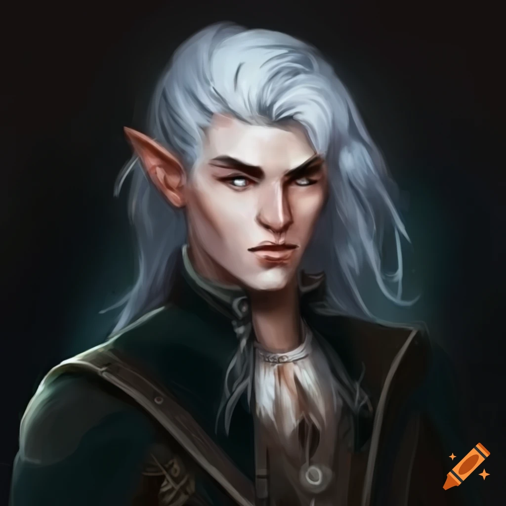 Character art of a white-haired male half-elf warlock on Craiyon