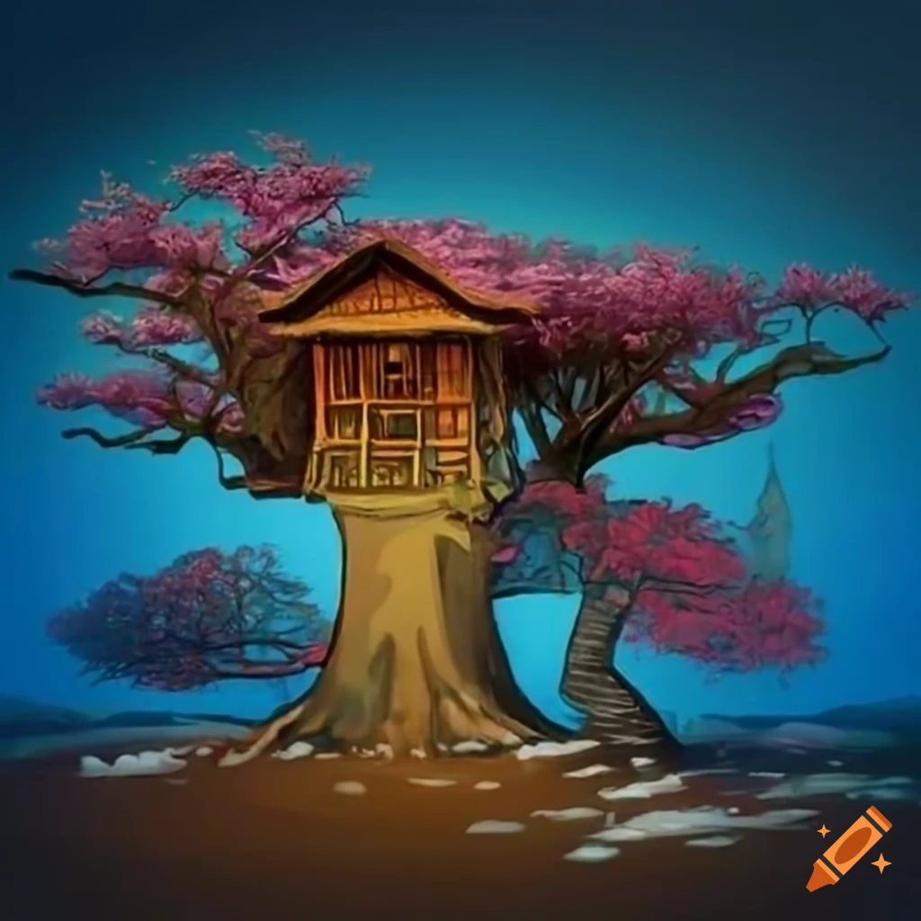 ornate treehouse in a pink cherry blossom tree