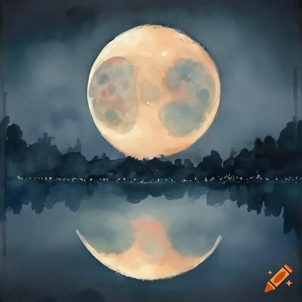 Japanese watercolor painting of moon reflecting on a lake on Craiyon