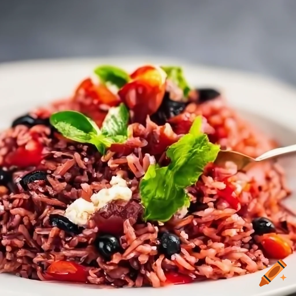 red rice salad with bresaola, cottage cheese, tomatoes and black olives