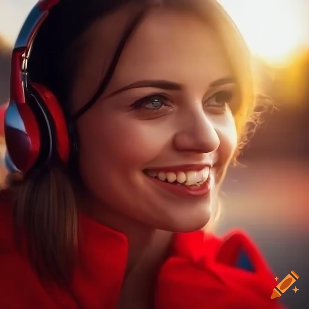young woman with headphones and microphone in Ferrari clothing