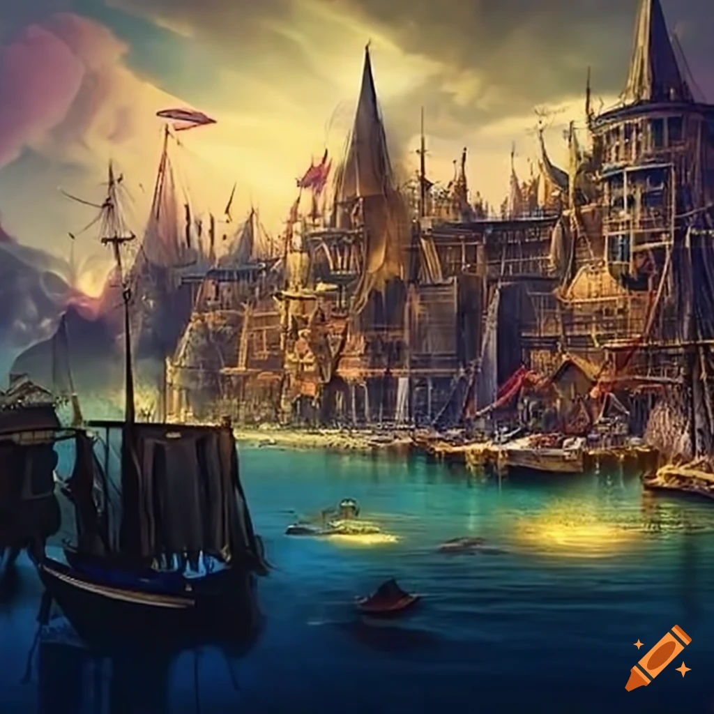 Fantasy harbor concept art on Craiyon
