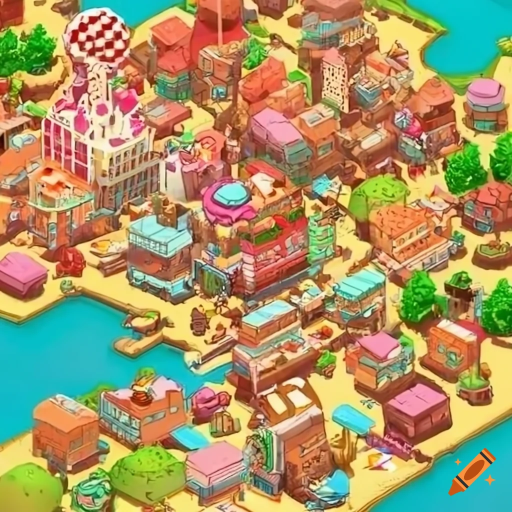 Illustration of a candy town map on Craiyon