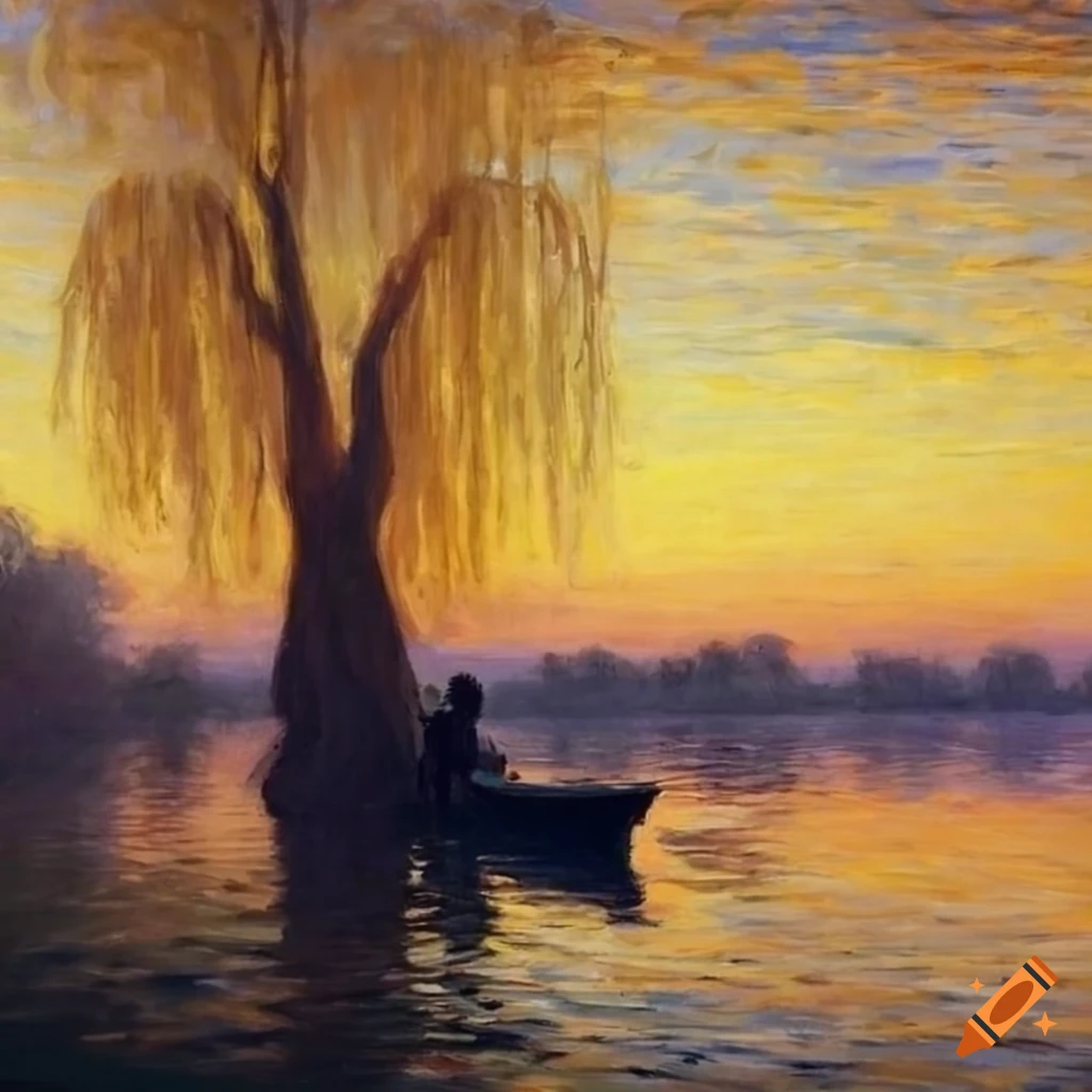 Girl sleeping on a boat near a lake with a weeping willow at sunset on ...