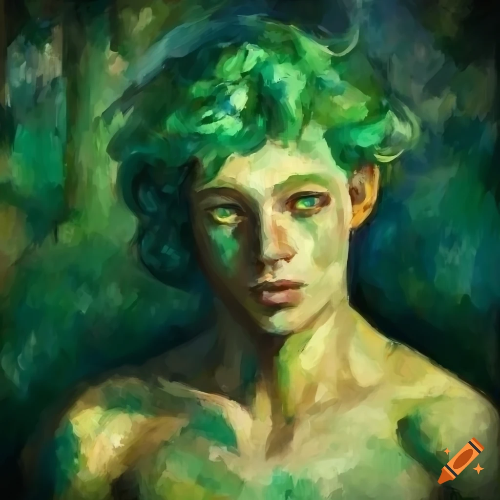 painting of a male forest spirit with green skin and hair