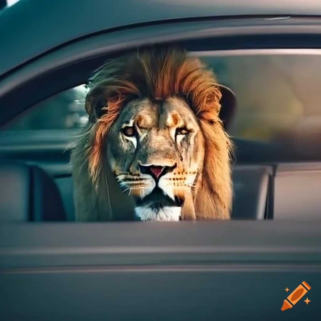 Lion sitting in a car on Craiyon