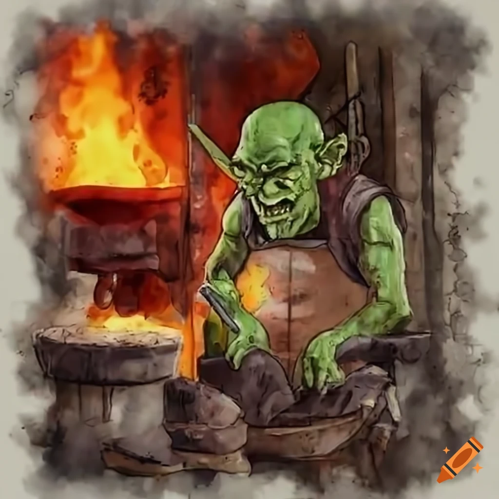 fantasy artwork of goblin blacksmiths working on a robot