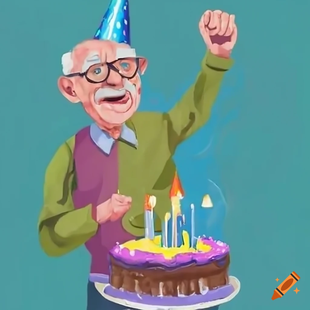 Happy elderly man smashing a birthday cake on Craiyon