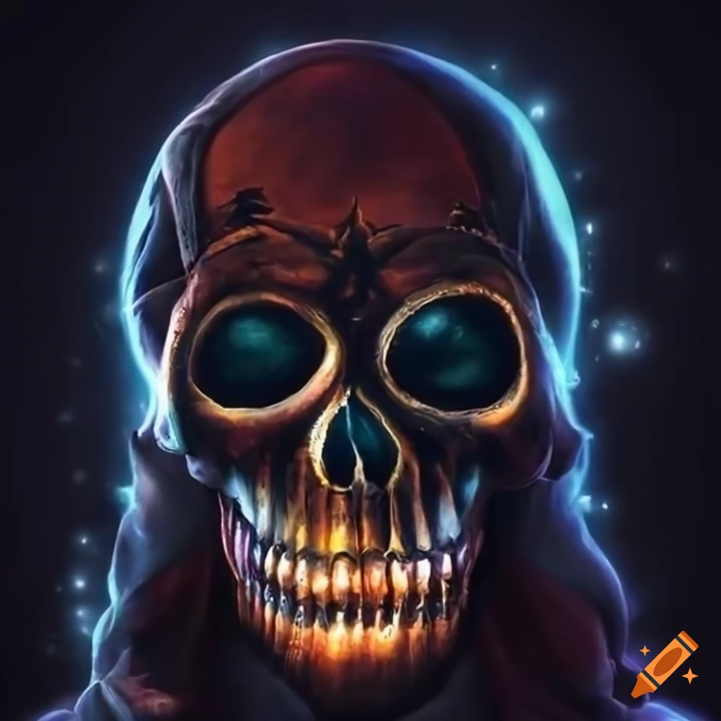 detailed and evil-looking realistic skull in the night with fire and glows