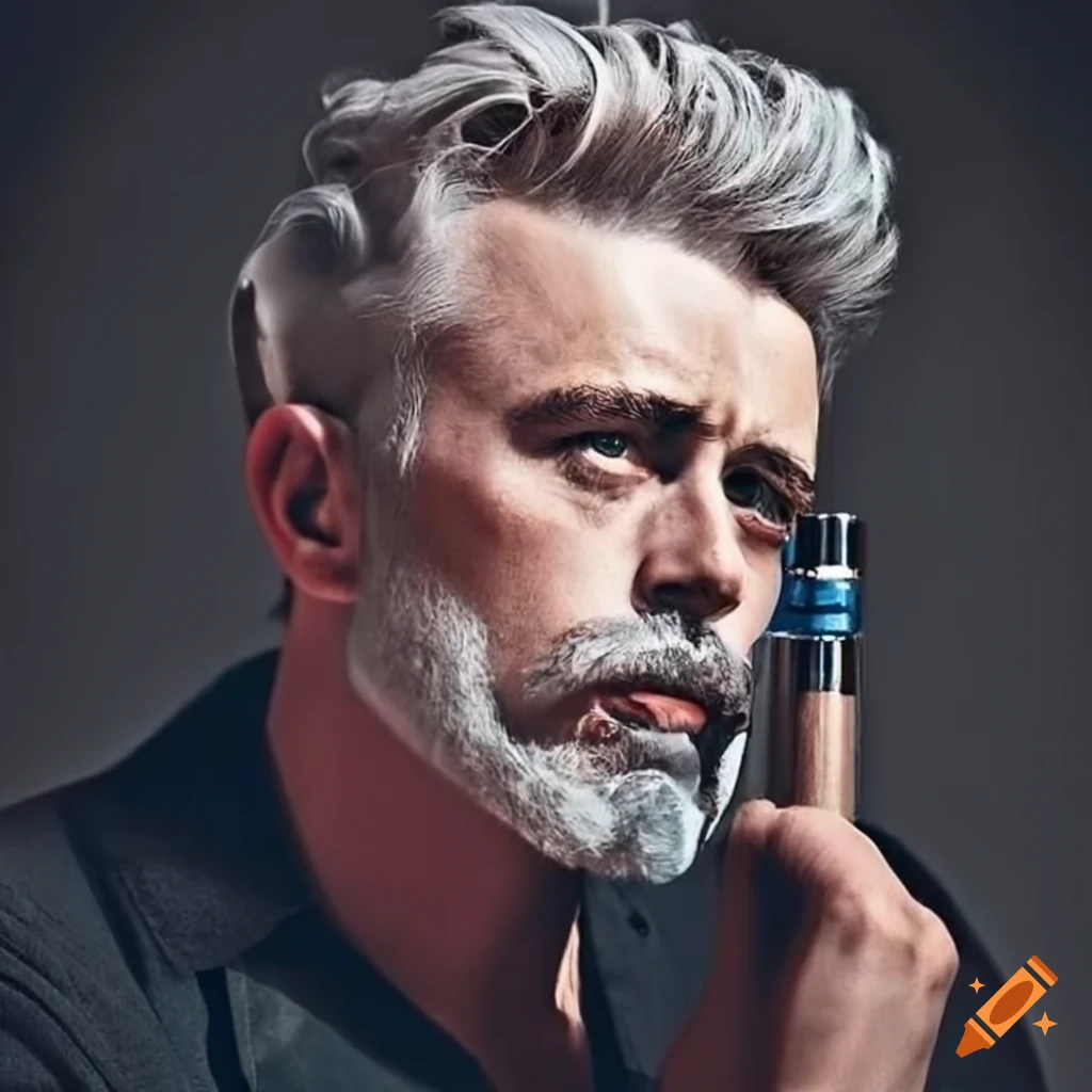 portrait of James Dean with grey hair and a beard vaping