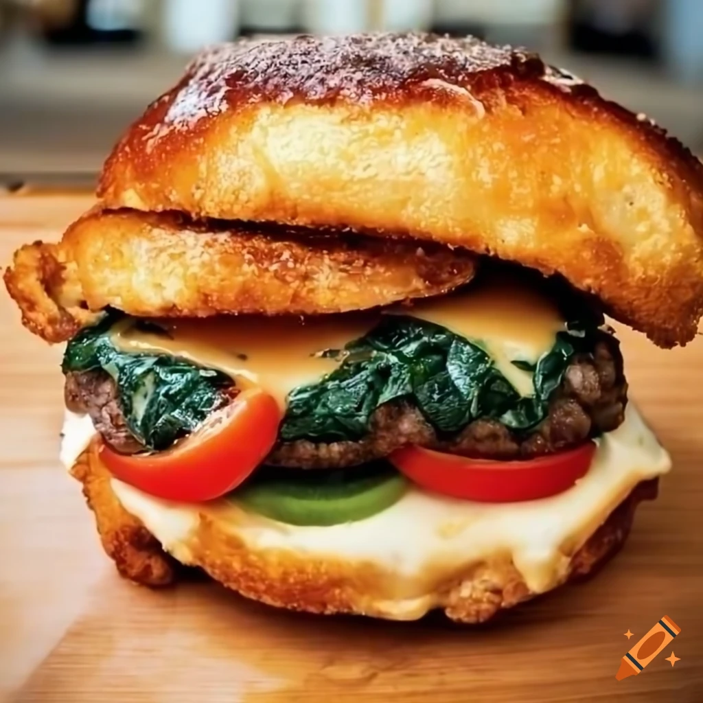 mouthwatering gourmet bison burger with crispy onion rings and bacon