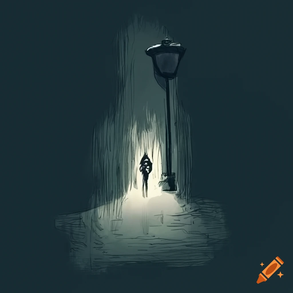 haunting pencil sketch of a figure under a street lamp