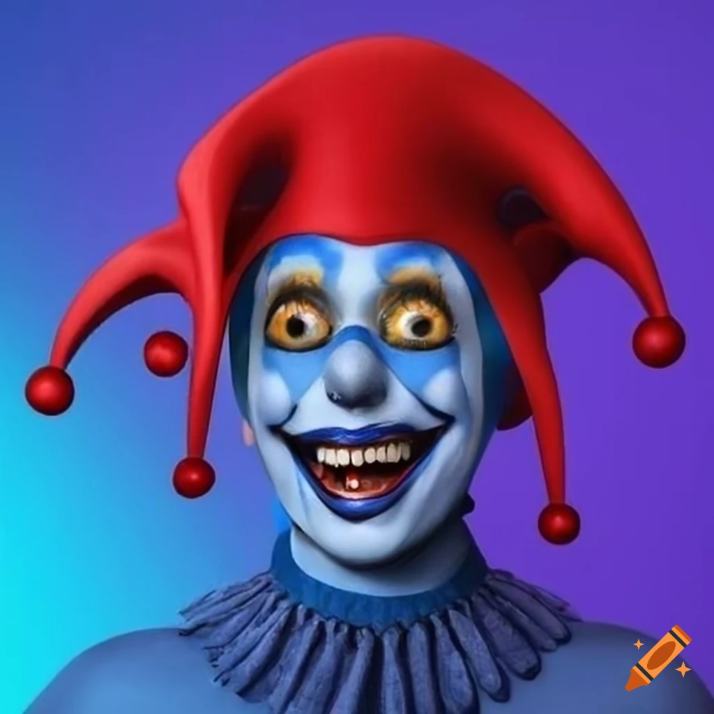 Blue jester with yellow eyes and red pupils