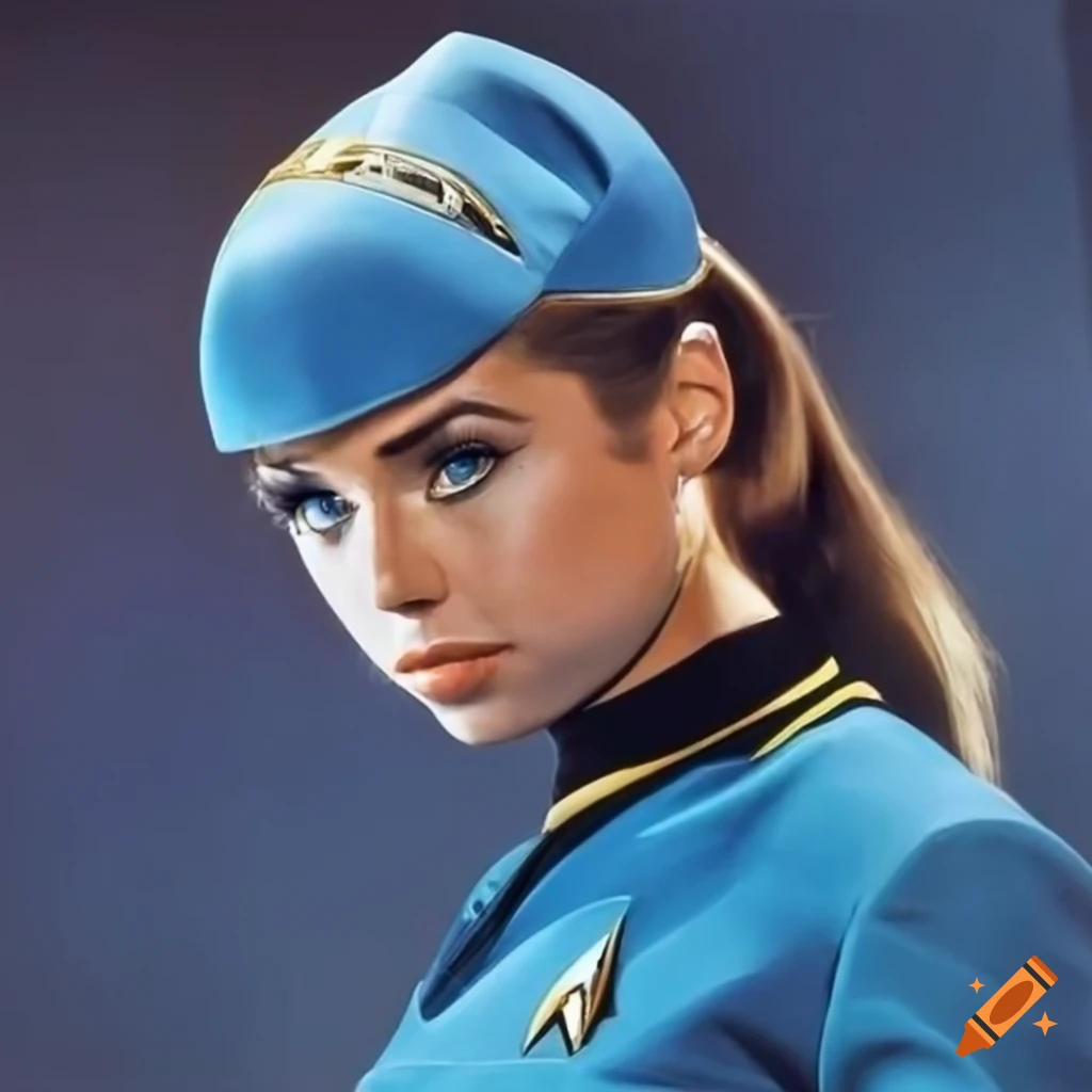 Kimberley Garner wearing a blue Star Trek uniform