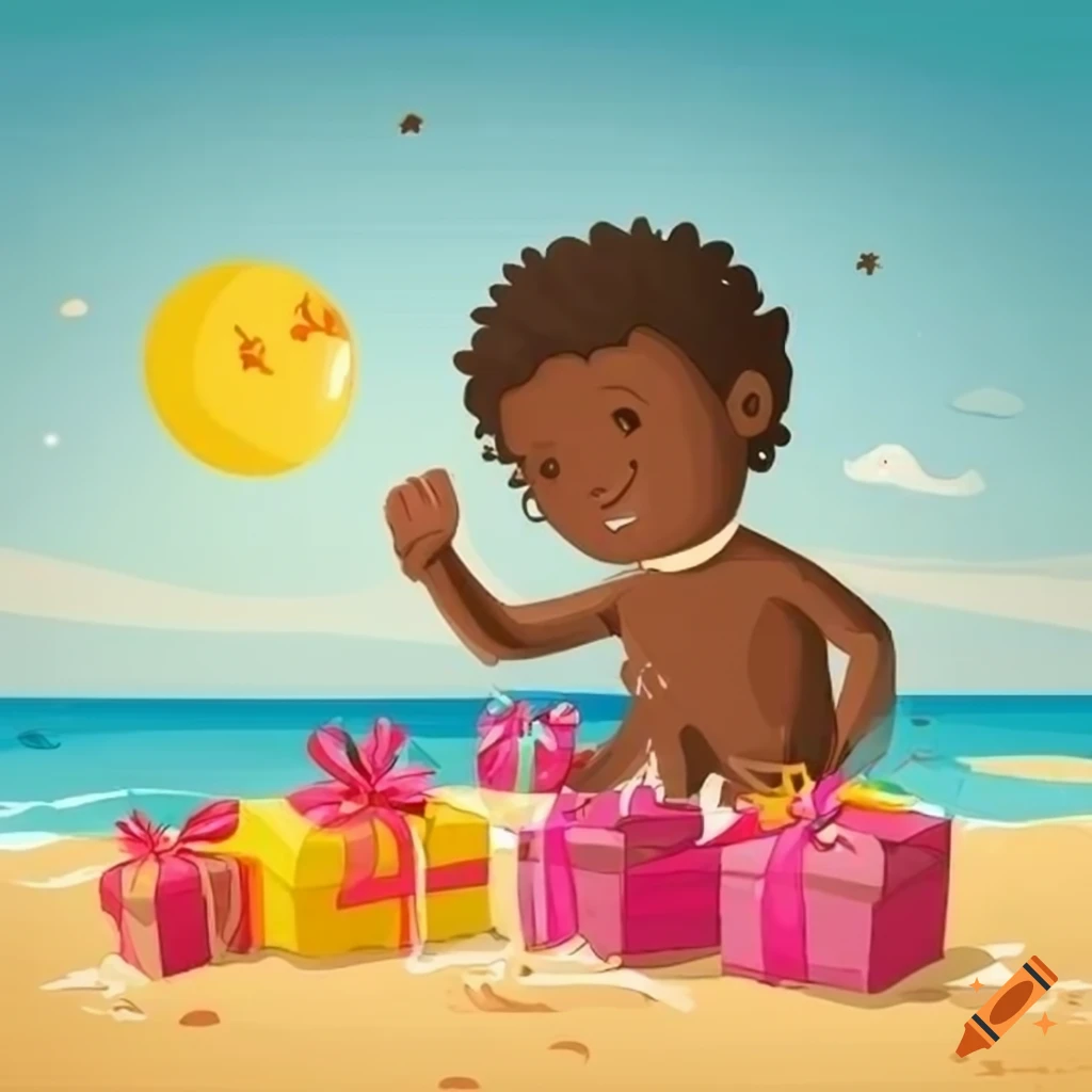 illustration of a child talking to priests on the beach with gifts