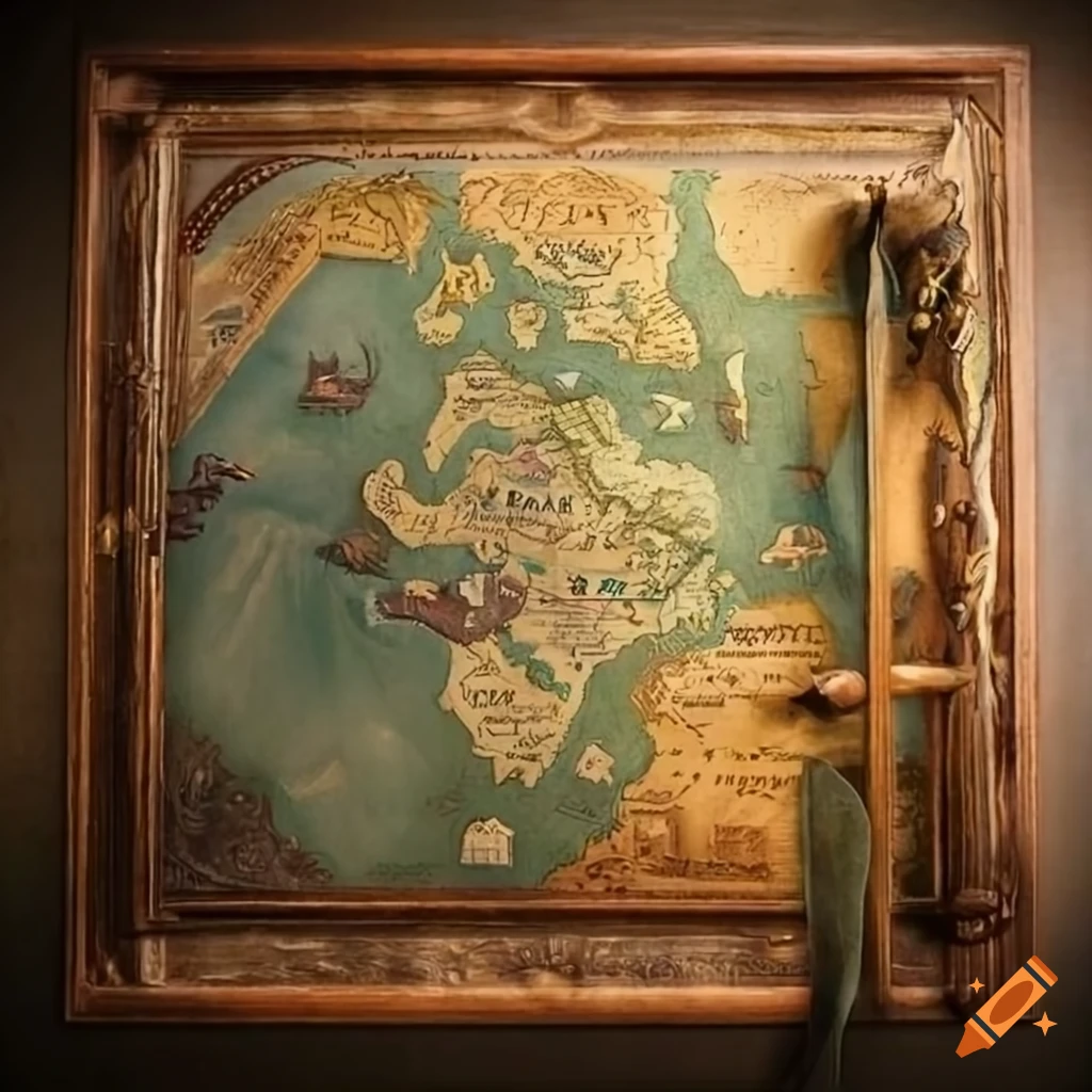 Fantastic geography map with geographer tools on wooden table on Craiyon