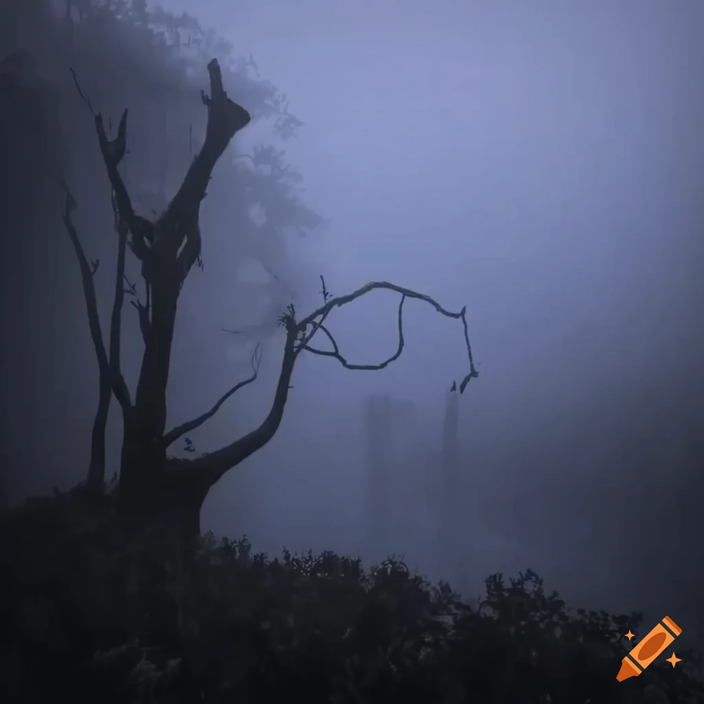 Brouillard et arbre mort dans un marais lugubre