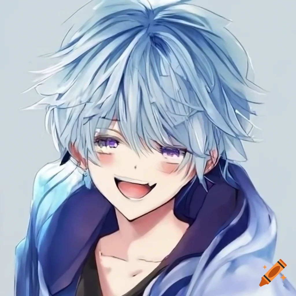 smiling anime boy with white and blue hair streaming