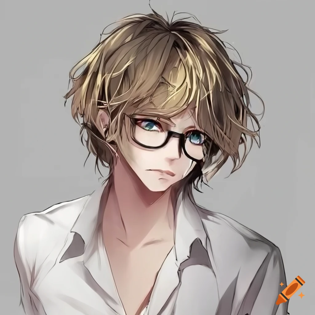 Male, white hair, orange thin eyes, glasses, long white shirt, black skinny  jeans, anime style, high quality