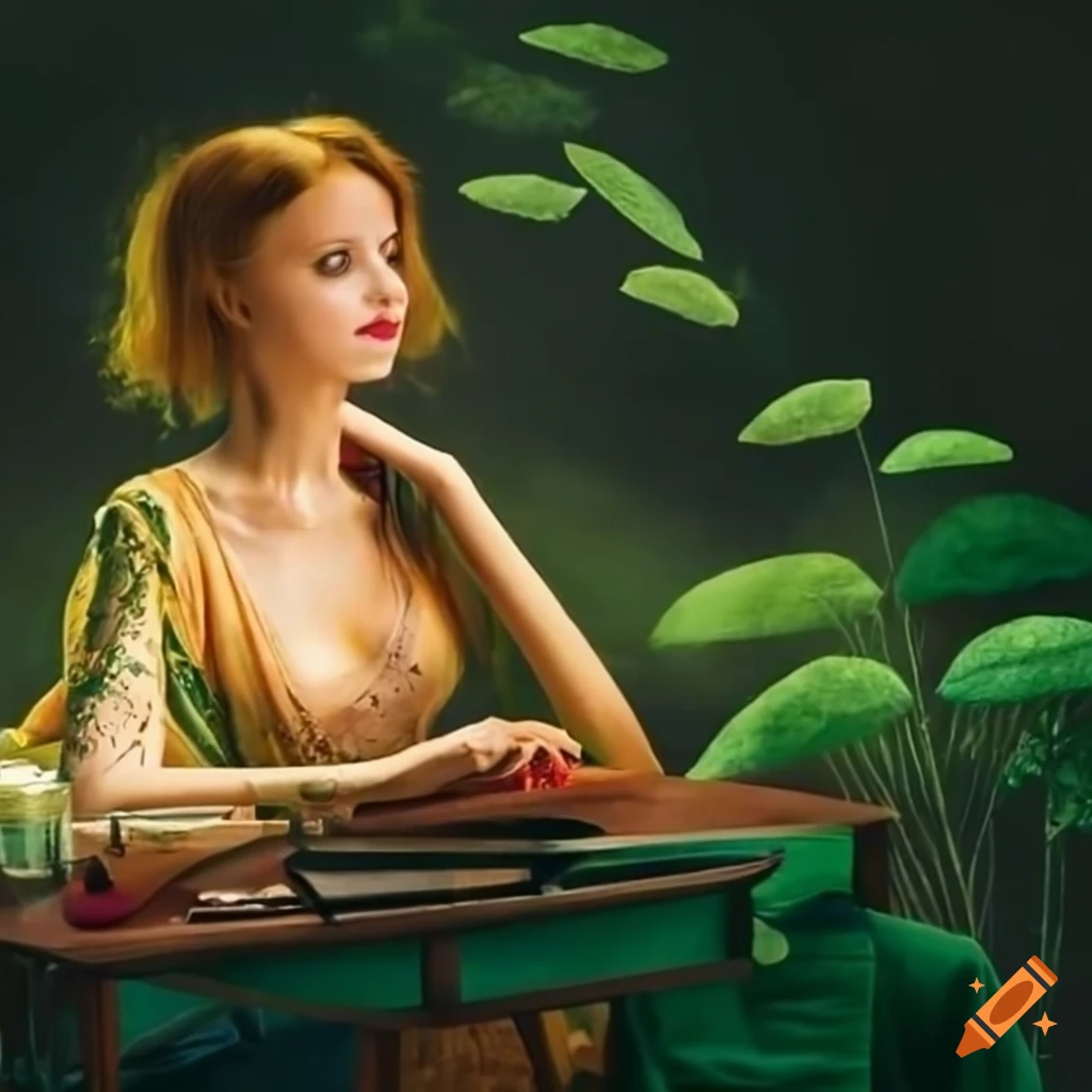 woman sitting at a desk in nature