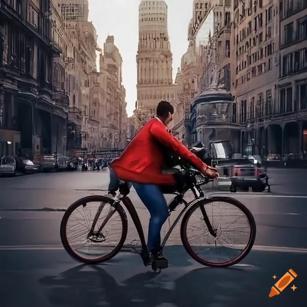 Photorealistic image of superman riding a bicycle in madrid on Craiyon