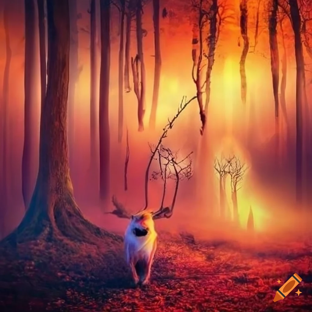 fantasy photo with colorful and surreal animals in a forest