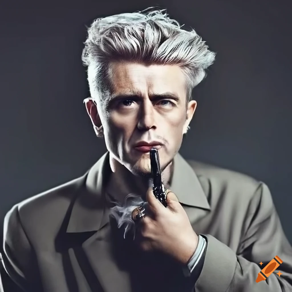 portrait of James Dean with grey hair and a beard vaping
