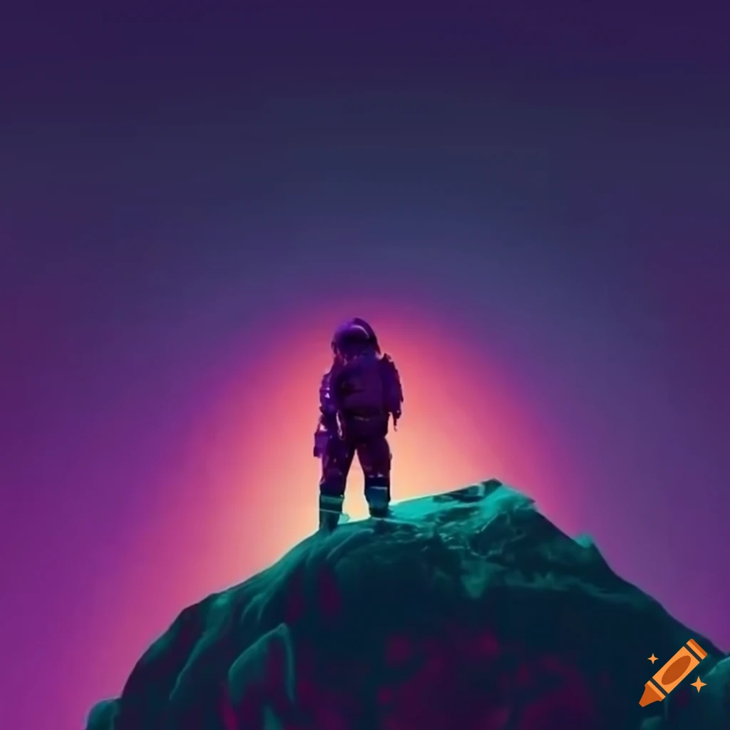 retrowave astronaut standing on a mountain with purple sun