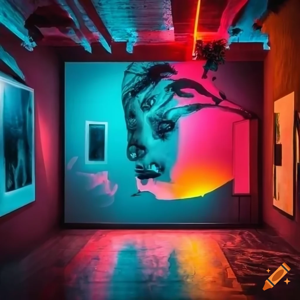 colorful art exhibition with neon interior