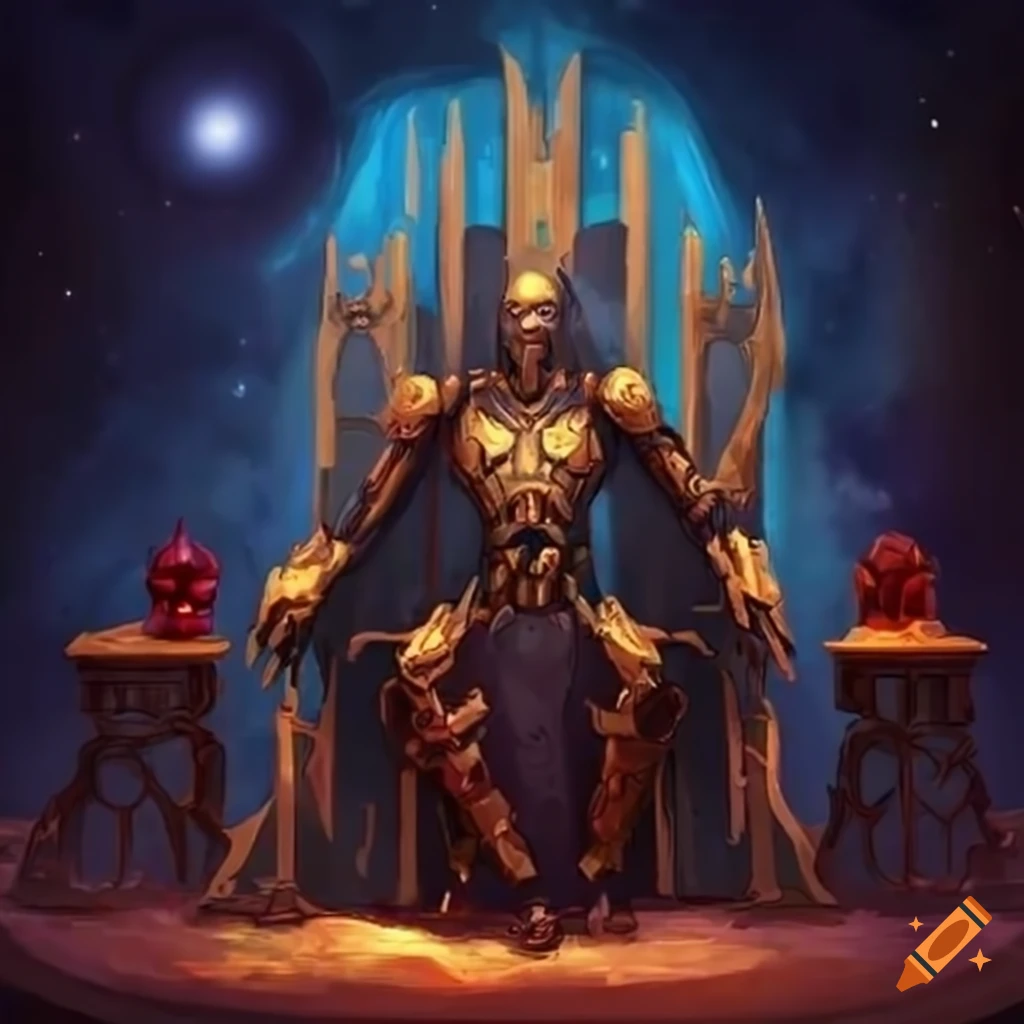 robot god sitting on a throne in space