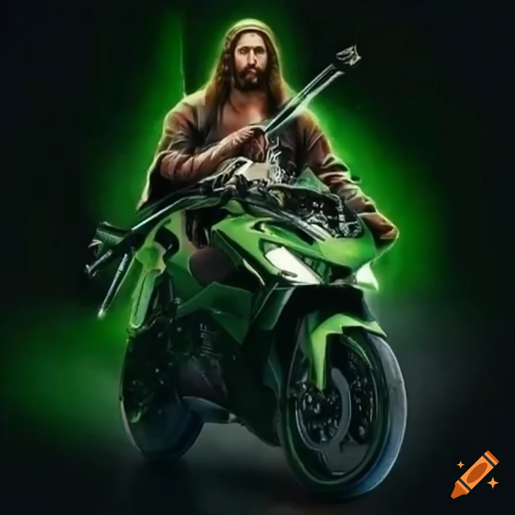 image of Jesus riding a Kawasaki motorcycle