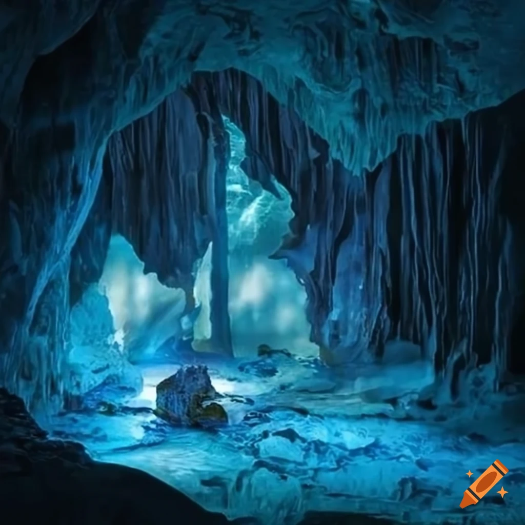 Blue crystal cave with a treasure chest
