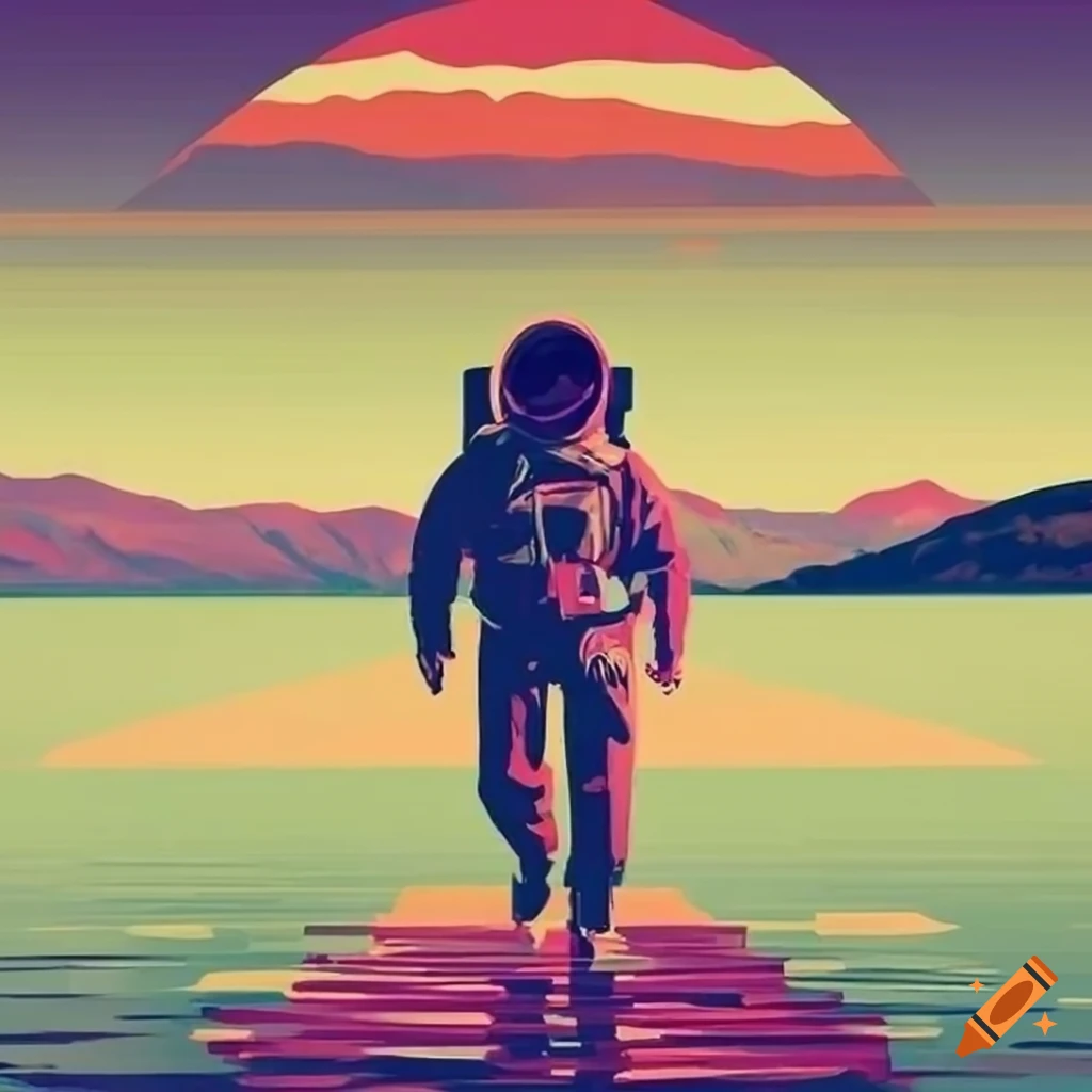 retro travel poster of a lake with an astronaut emerging from the water