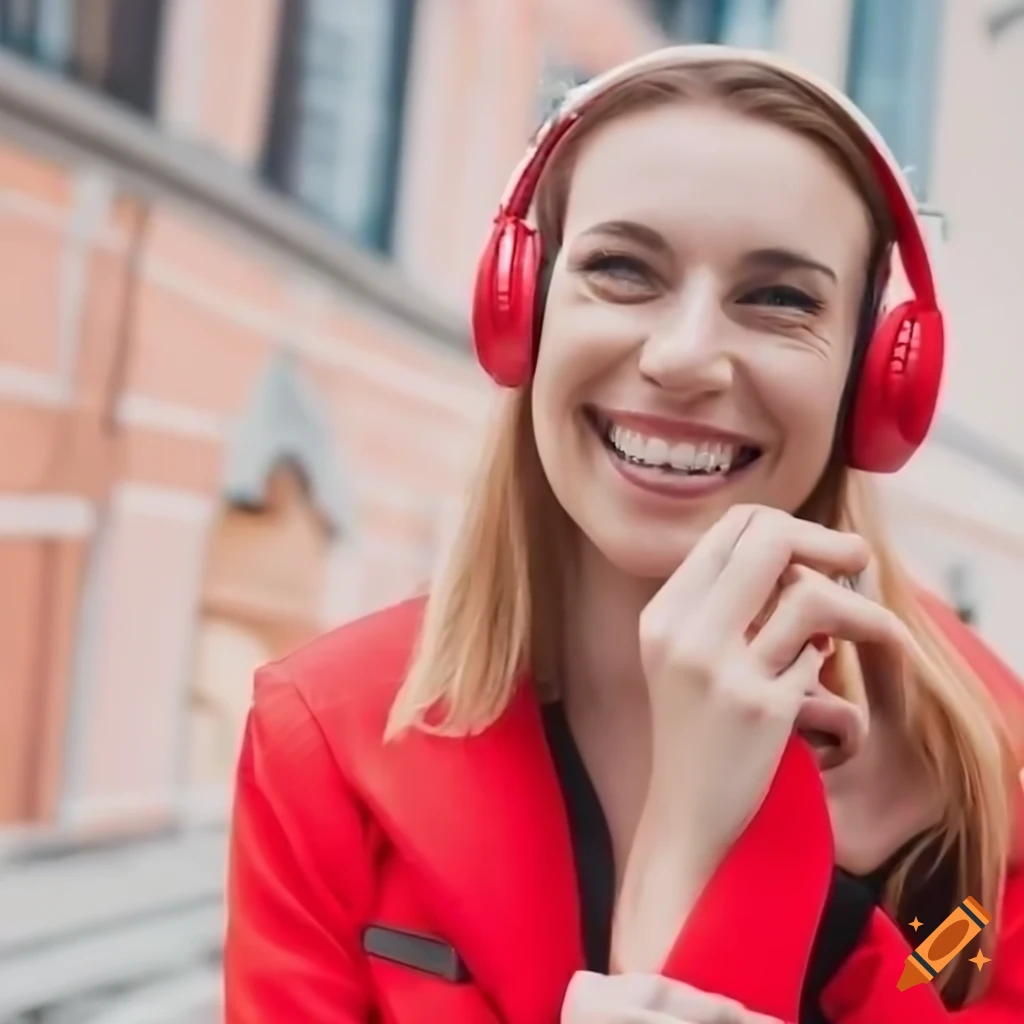 young woman with headphones, microphone, and Ferrari clothing
