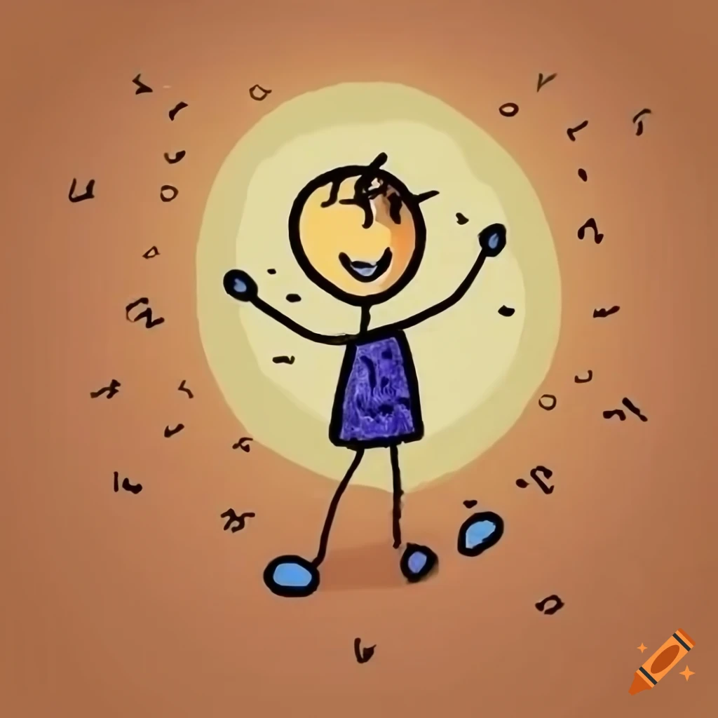 artwork of stick figure kids playing outside a school building