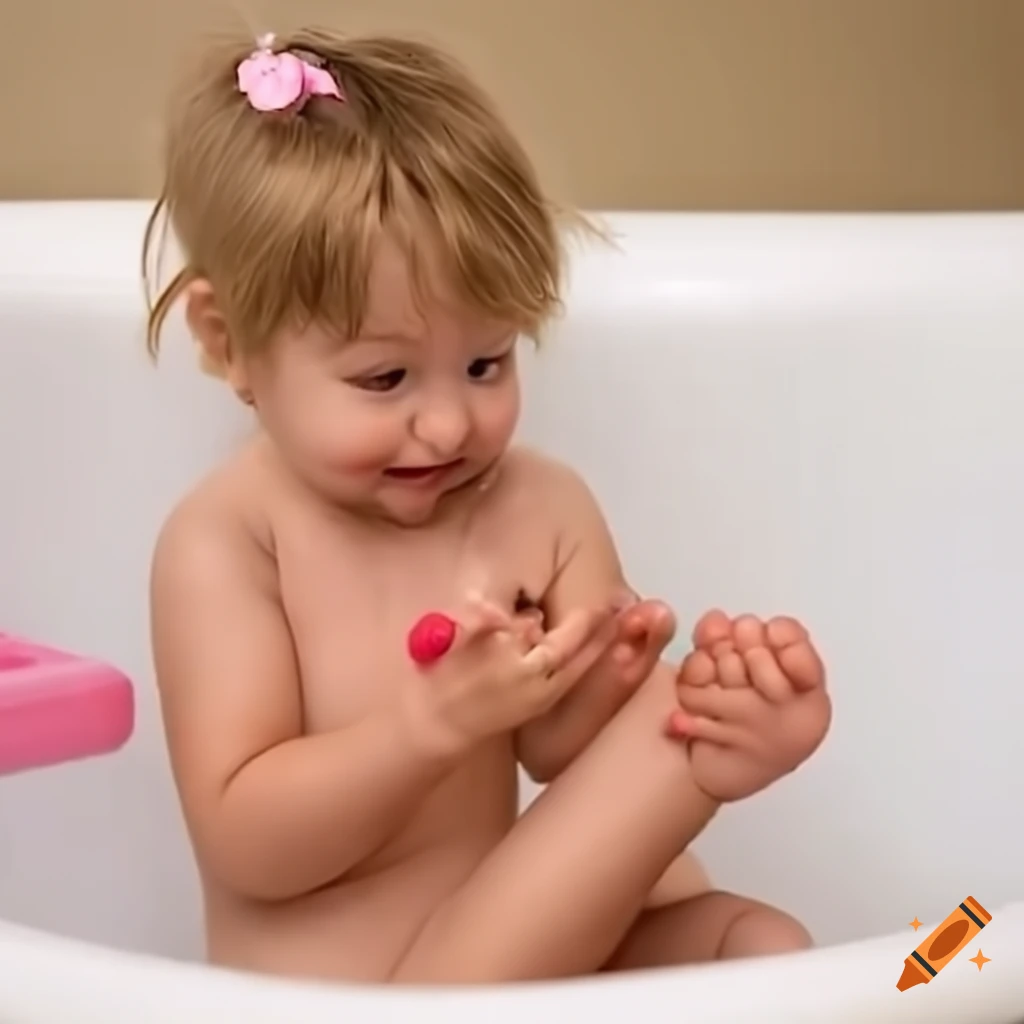 adorable toddler girl washing her toes in the tub