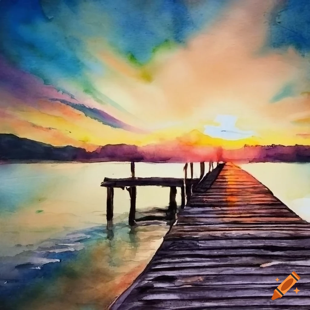 watercolor painting of a serene beach at sunset