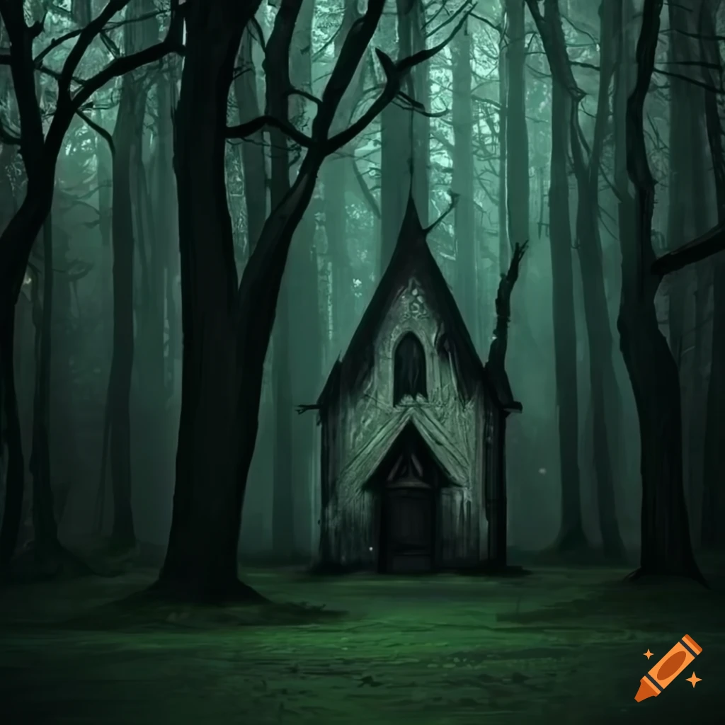 creepy dark forest with a church